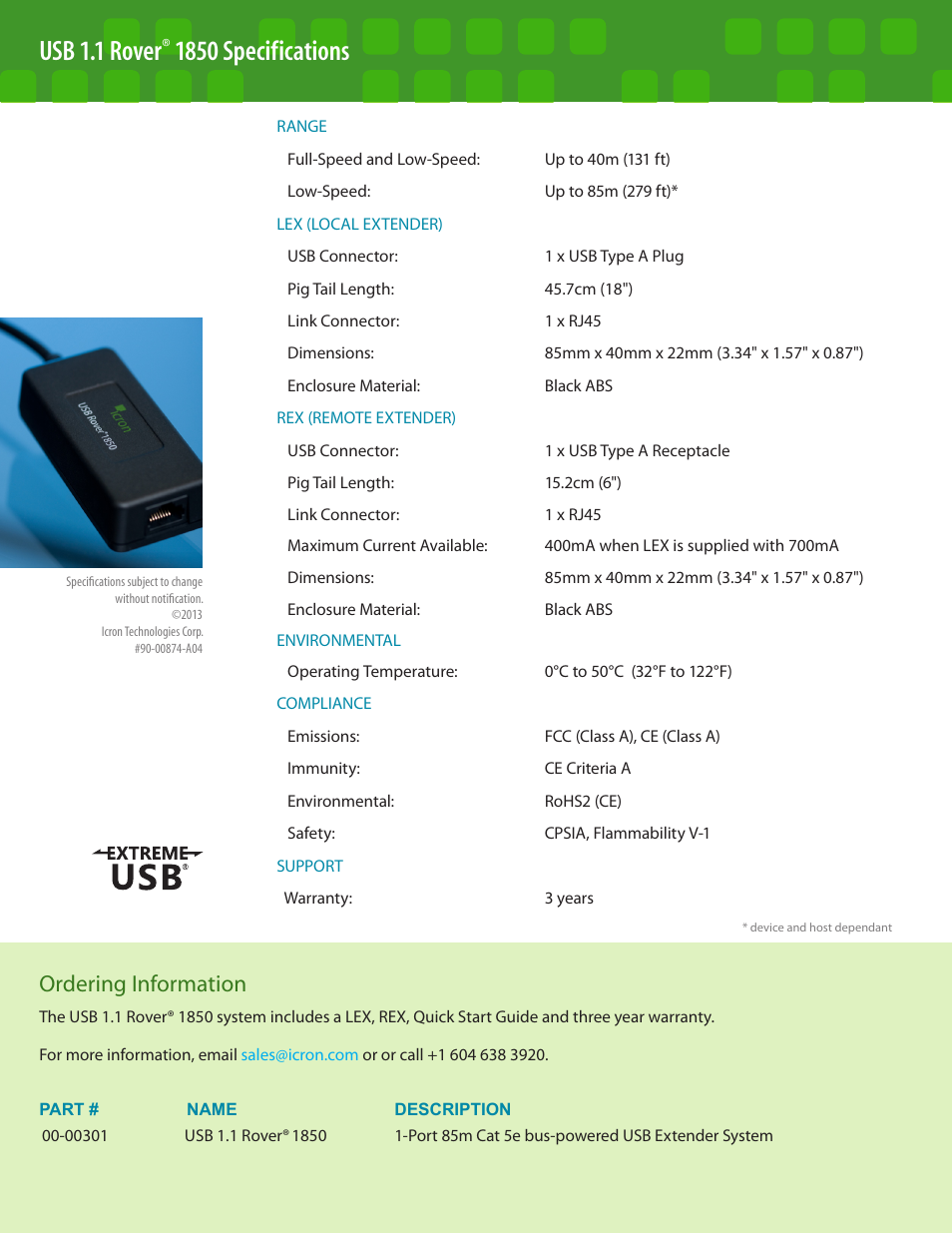 Usb 1.1 rover, 1850 specifications, Ordering information | Extreme link, 4500 product specifications | B&B Electronics 00-00301 - Datasheet User Manual | Page 2 / 2