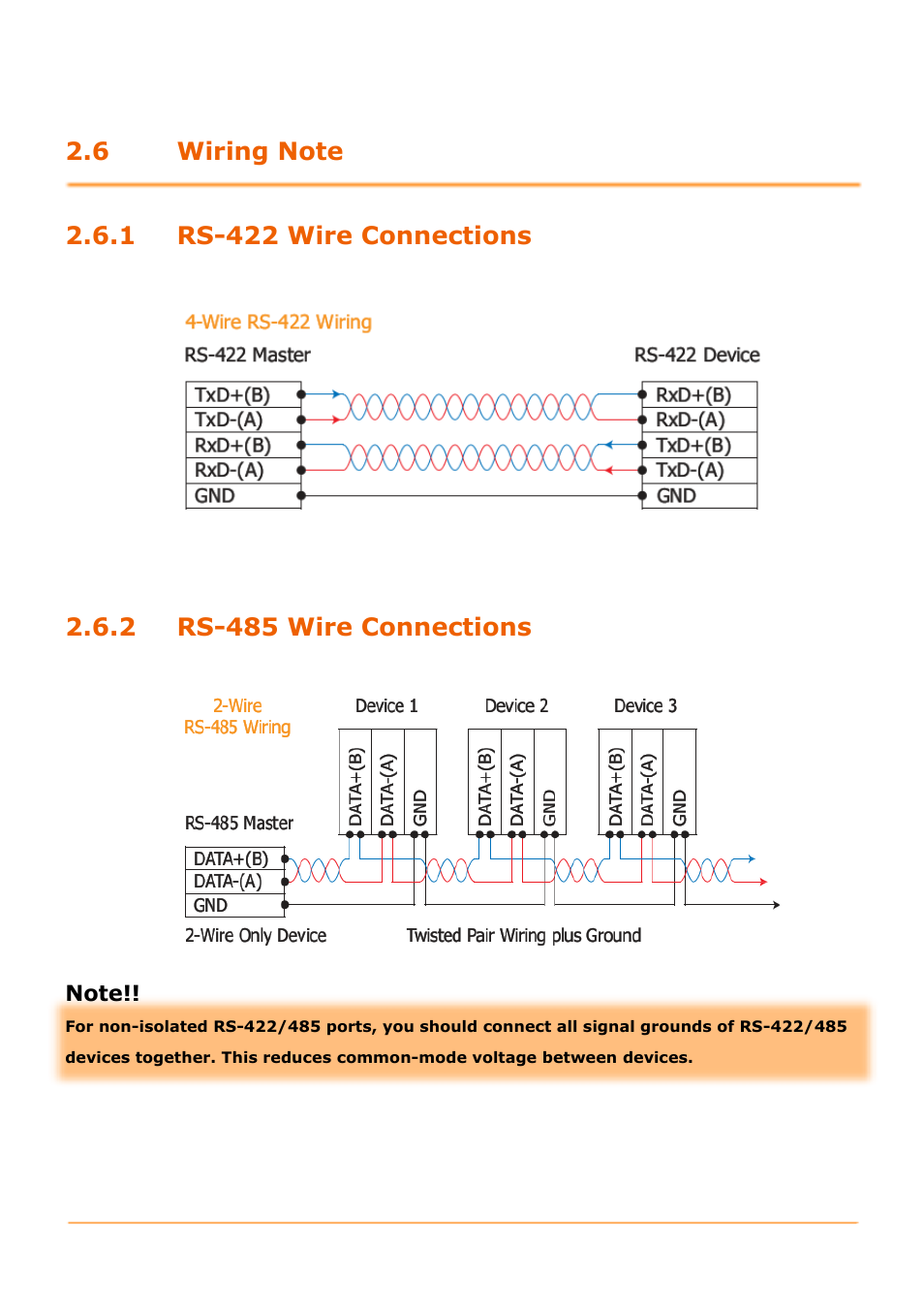 6 wiring note, 1 rs-422 wire connections, 2 rs-485 wire connections | Rs-422 wire connections, Rs-485 wire connections | B&B Electronics GW-7472 - Manual User Manual | Page 16 / 60