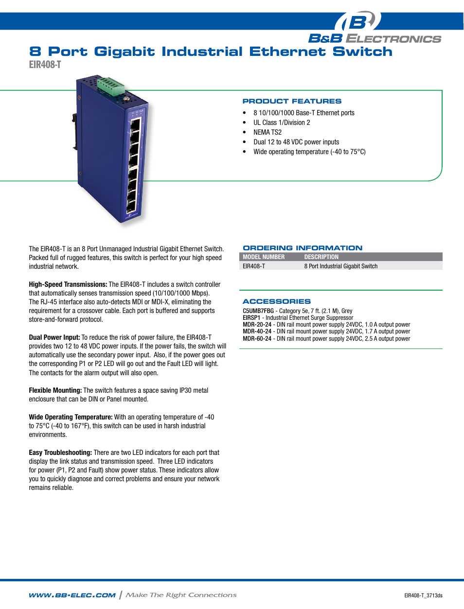 B&B Electronics EIR408-T - Datasheet User Manual | 2 pages