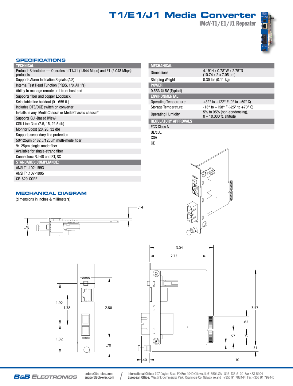 T1/e1/j1 media converter, Imcv-t1/e1/j1 repeater | B&B Electronics 850-14200--95 - Datasheet User Manual | Page 2 / 2