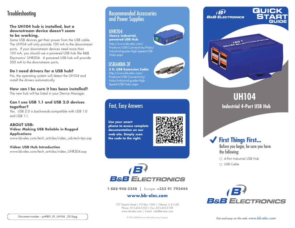 Uh104, First things first, Troubleshooting | Recommended accessories and power supplies, Fast, easy answers, Usbambm-3f uhr204, Industrial 4-port usb hub | B&B Electronics UH104 - Quick Start Guide User Manual | Page 2 / 2