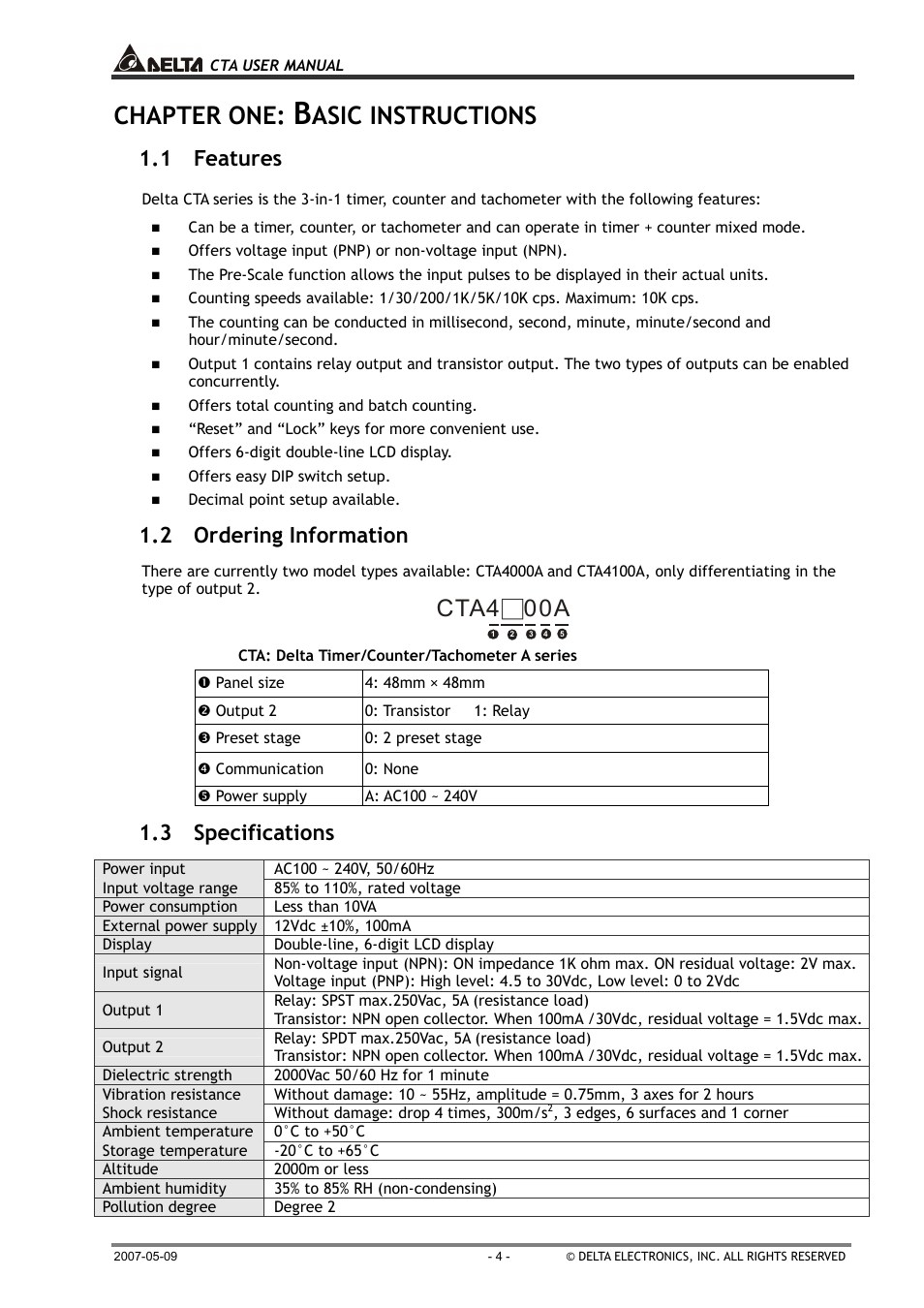 Chapter one, Asic instructions, Cta4 00a | 1 features, 2 ordering information, 3 specifications | B&B Electronics CTA4100A_D - Manual User Manual | Page 4 / 25