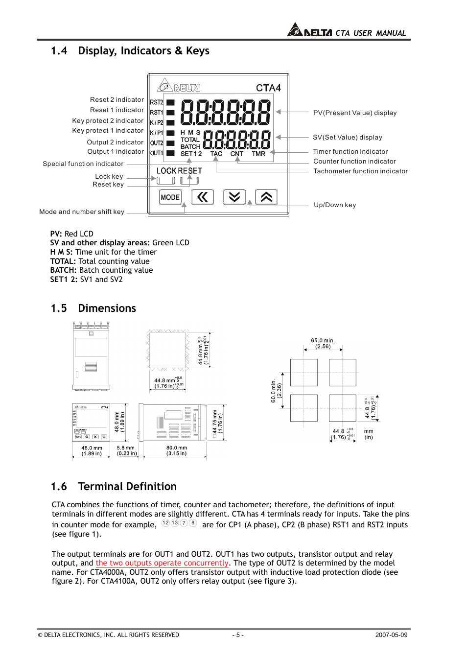 4 display, indicators & keys, 5 dimensions, 6 terminal definition | B&B Electronics CTA4100A_D - Manual User Manual | Page 5 / 25