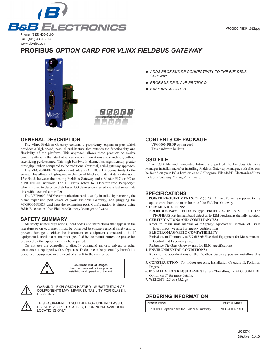 B&B Electronics VFG9000-PBDP - Quick Start Guide User Manual | 4 pages