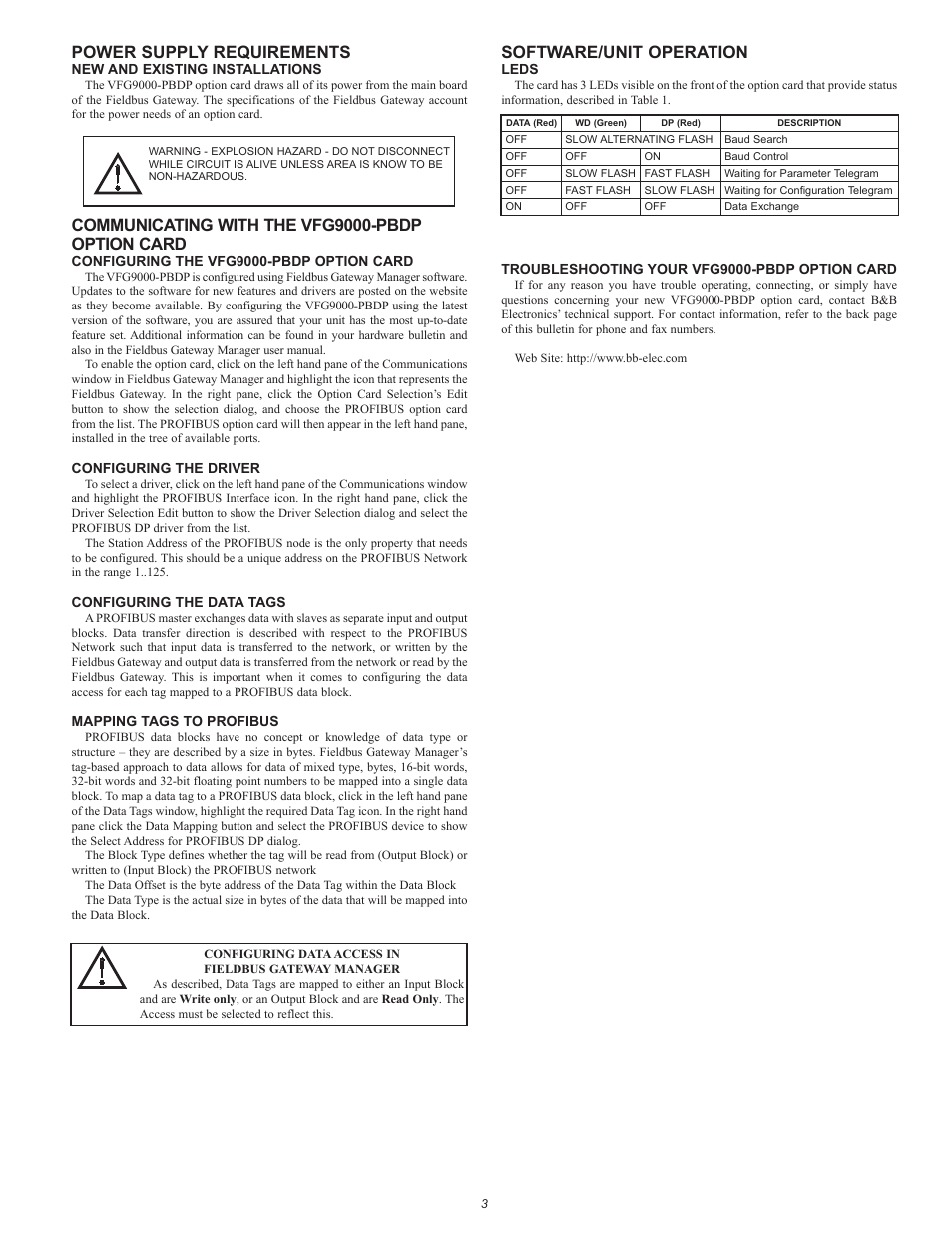 Power supply requirements, Communicating with the vfg9000-pbdp option card, Software/unit operation | B&B Electronics VFG9000-PBDP - Quick Start Guide User Manual | Page 3 / 4