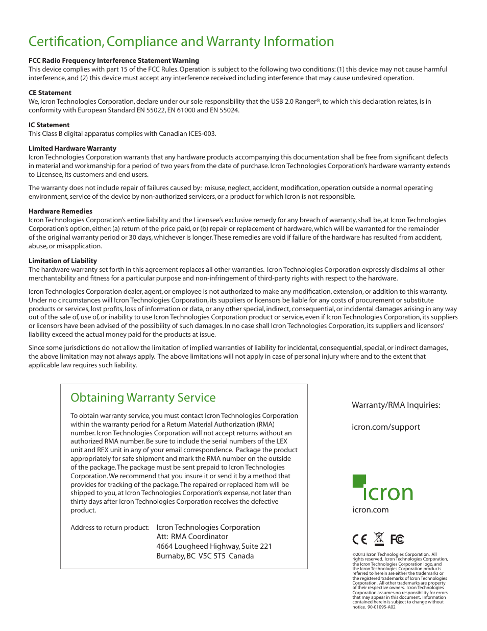 Certification, compliance and warranty information, Obtaining warranty service | B&B Electronics 00-00347--50 - Quick Start Guide User Manual | Page 2 / 2