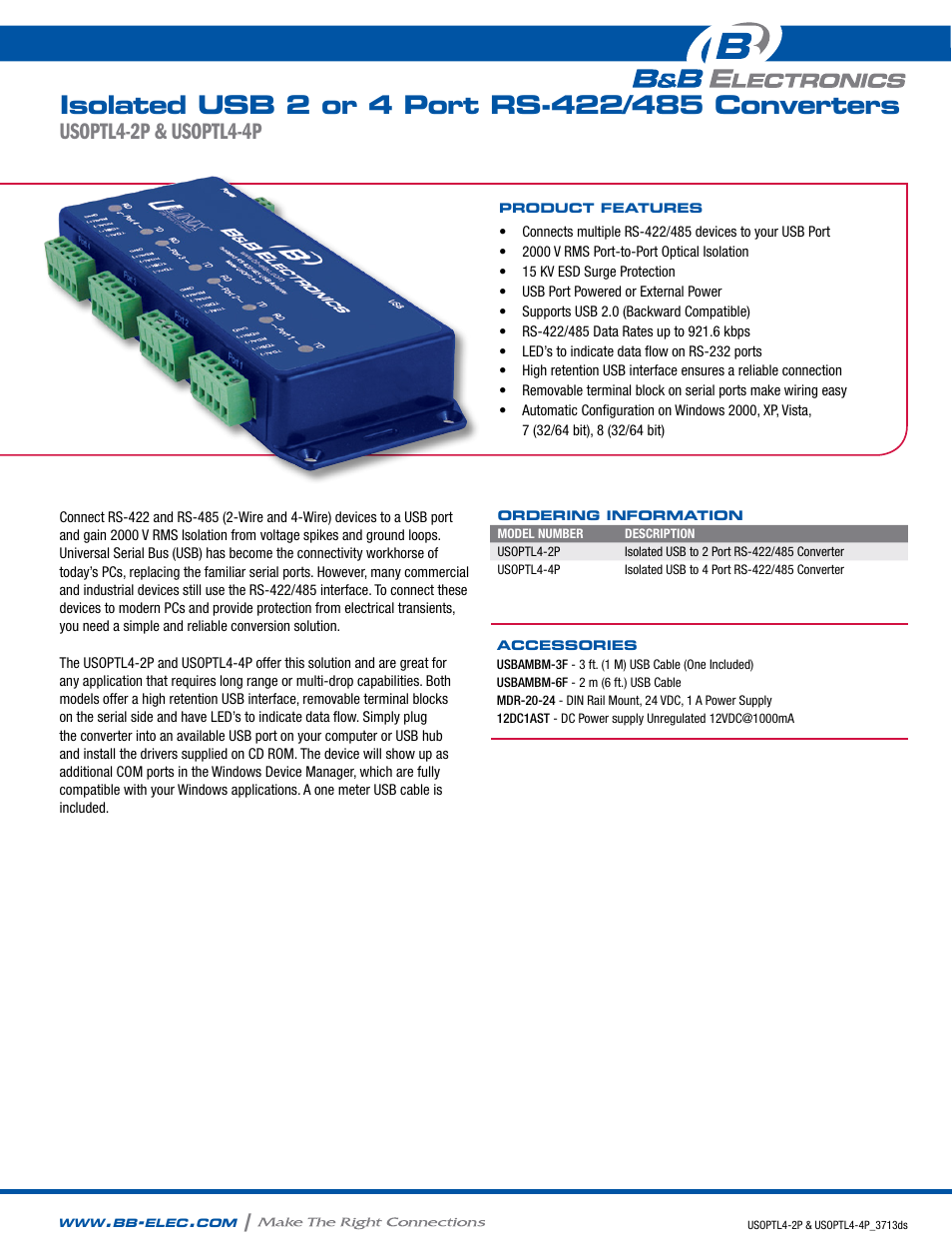 B&B Electronics USOPTL4-4P - Datasheet User Manual | 2 pages