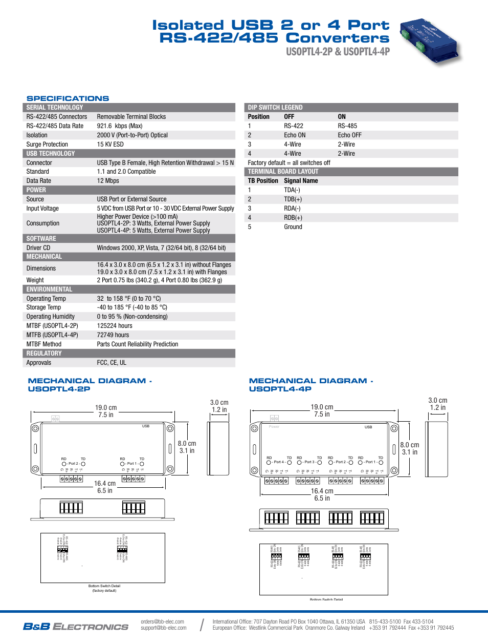 Usoptl4-2p & usoptl4-4p, Mechanical diagram - usoptl4-4p | B&B Electronics USOPTL4-4P - Datasheet User Manual | Page 2 / 2