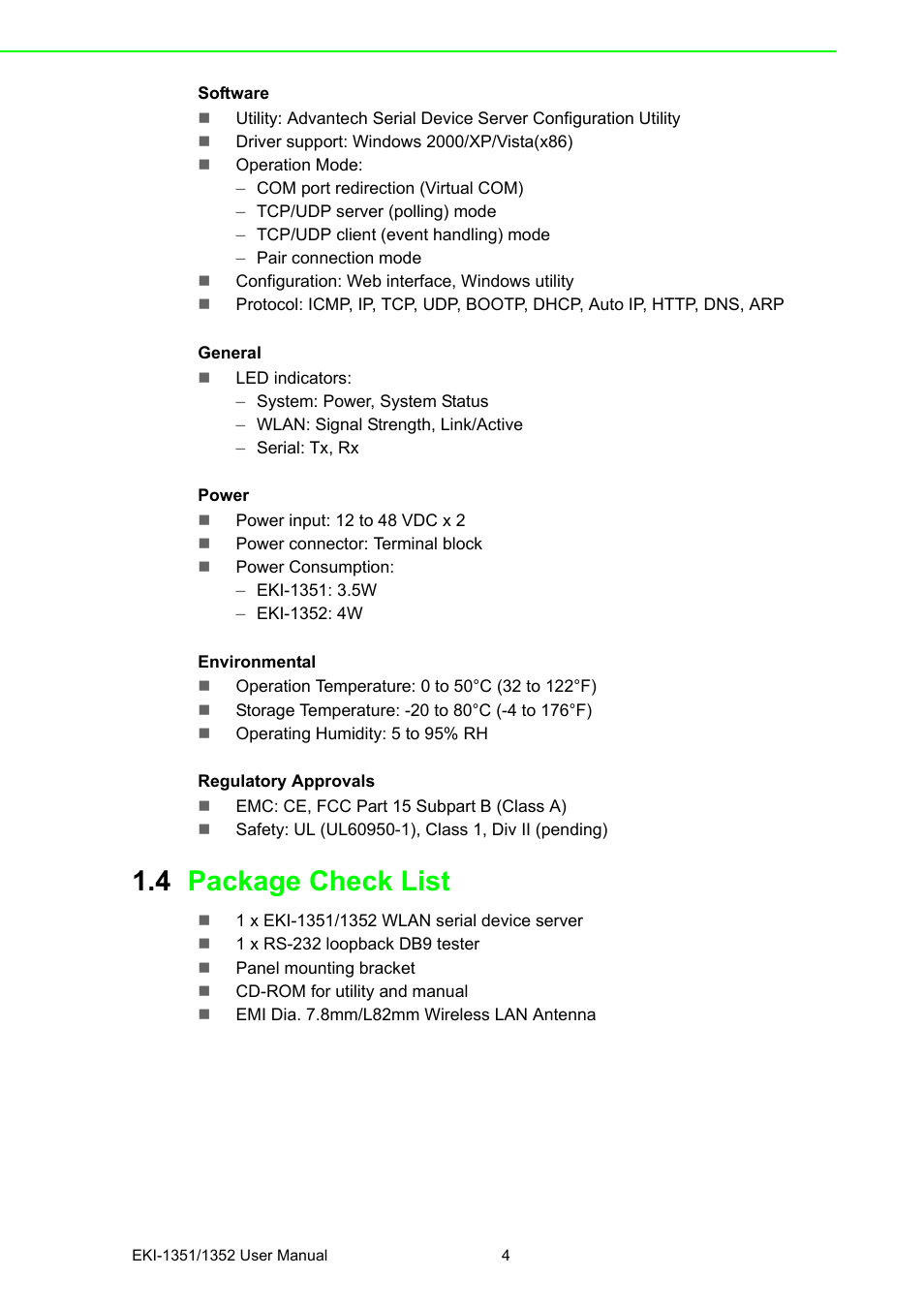 4 package check list, Package check list | B&B Electronics EKI-1352 - Manual User Manual | Page 10 / 76