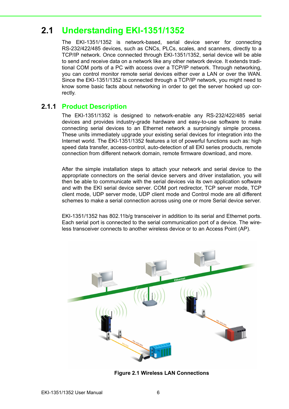 1 understanding eki-1351/1352, 1 product description, Figure 2.1 wireless lan connections | Understanding eki-1351/1352 2.1.1 | B&B Electronics EKI-1352 - Manual User Manual | Page 12 / 76
