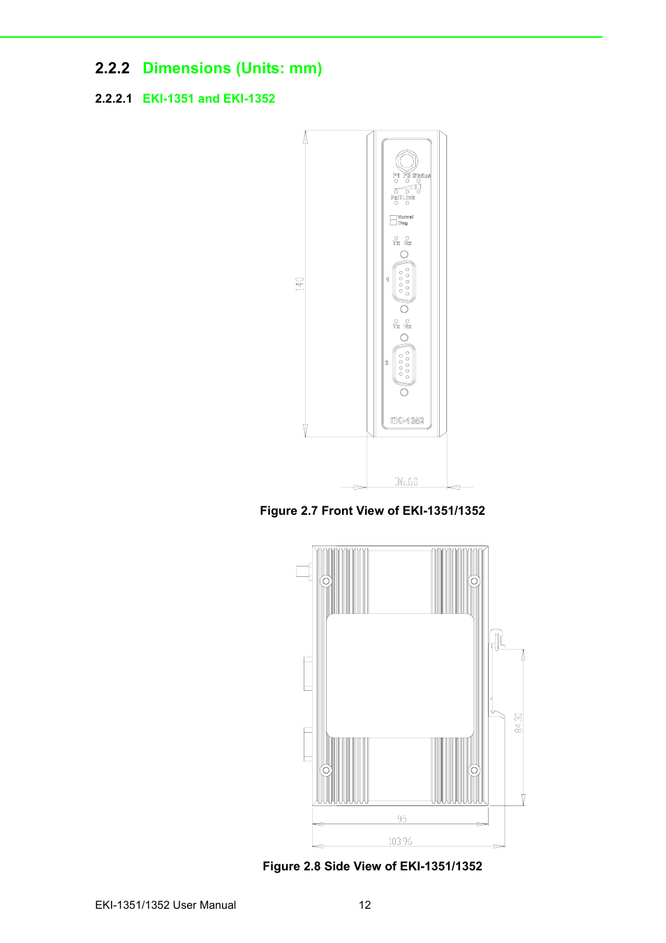 2 dimensions (units: mm), 1 eki-1351 and eki-1352, Figure 2.7 front view of eki-1351/1352 | Figure 2.8 side view of eki-1351/1352 | B&B Electronics EKI-1352 - Manual User Manual | Page 18 / 76