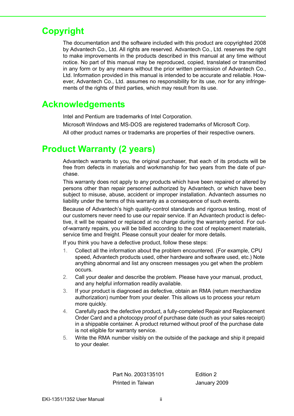 Copyright, Acknowledgements, Product warranty (2 years) | B&B Electronics EKI-1352 - Manual User Manual | Page 2 / 76