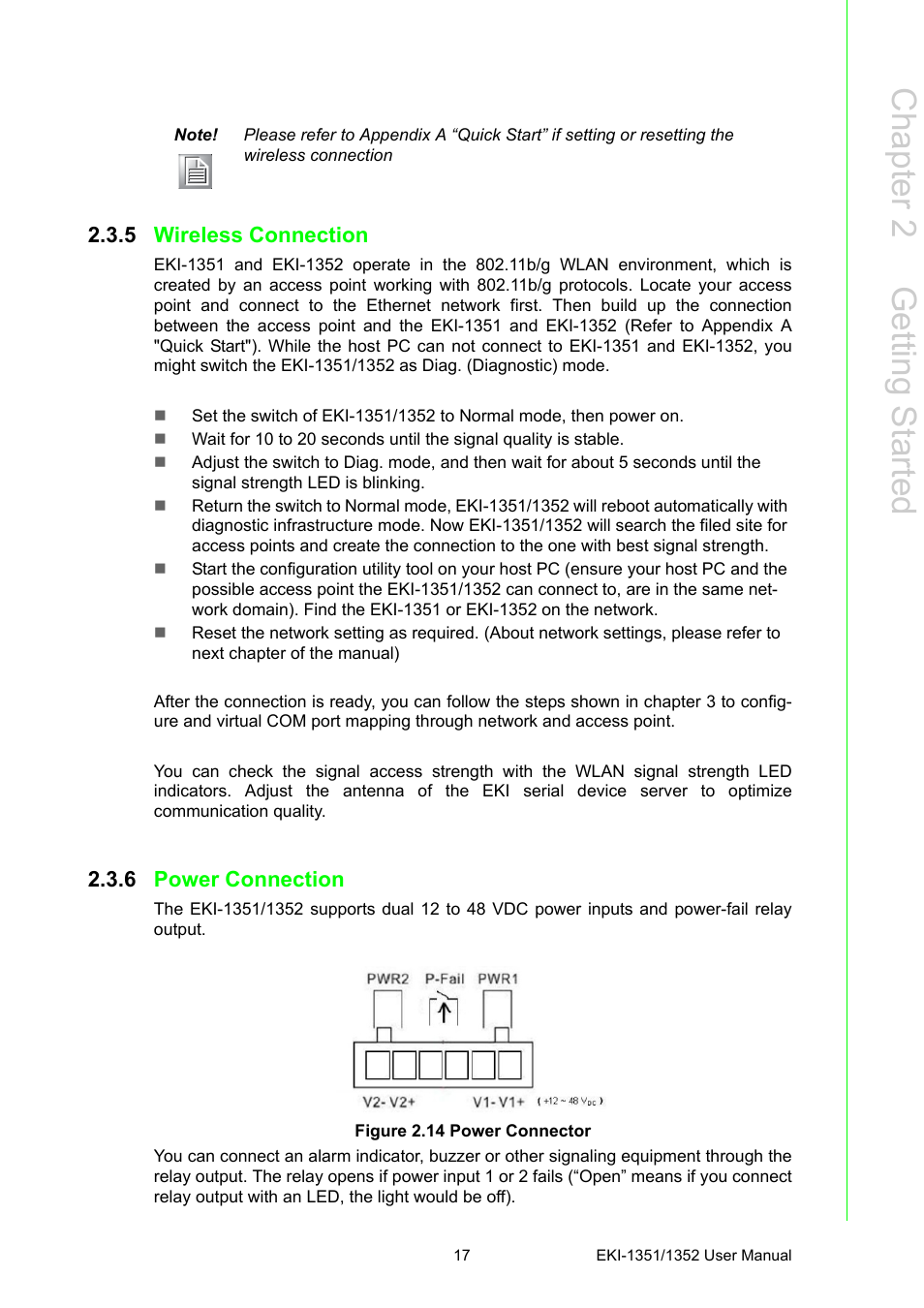 5 wireless connection, 6 power connection, Figure 2.14 power connector | Wireless connection, Power connection figure 2.14power connector, Chapter 2 g etting started | B&B Electronics EKI-1352 - Manual User Manual | Page 23 / 76