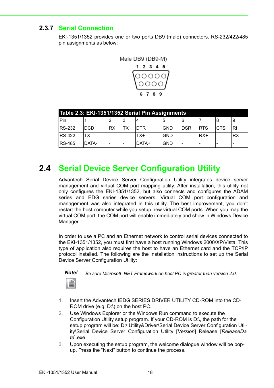 7 serial connection, Table 2.3: eki-1351/1352 serial pin assignments, 4 serial device server configuration utility | Serial device server configuration utility | B&B Electronics EKI-1352 - Manual User Manual | Page 24 / 76