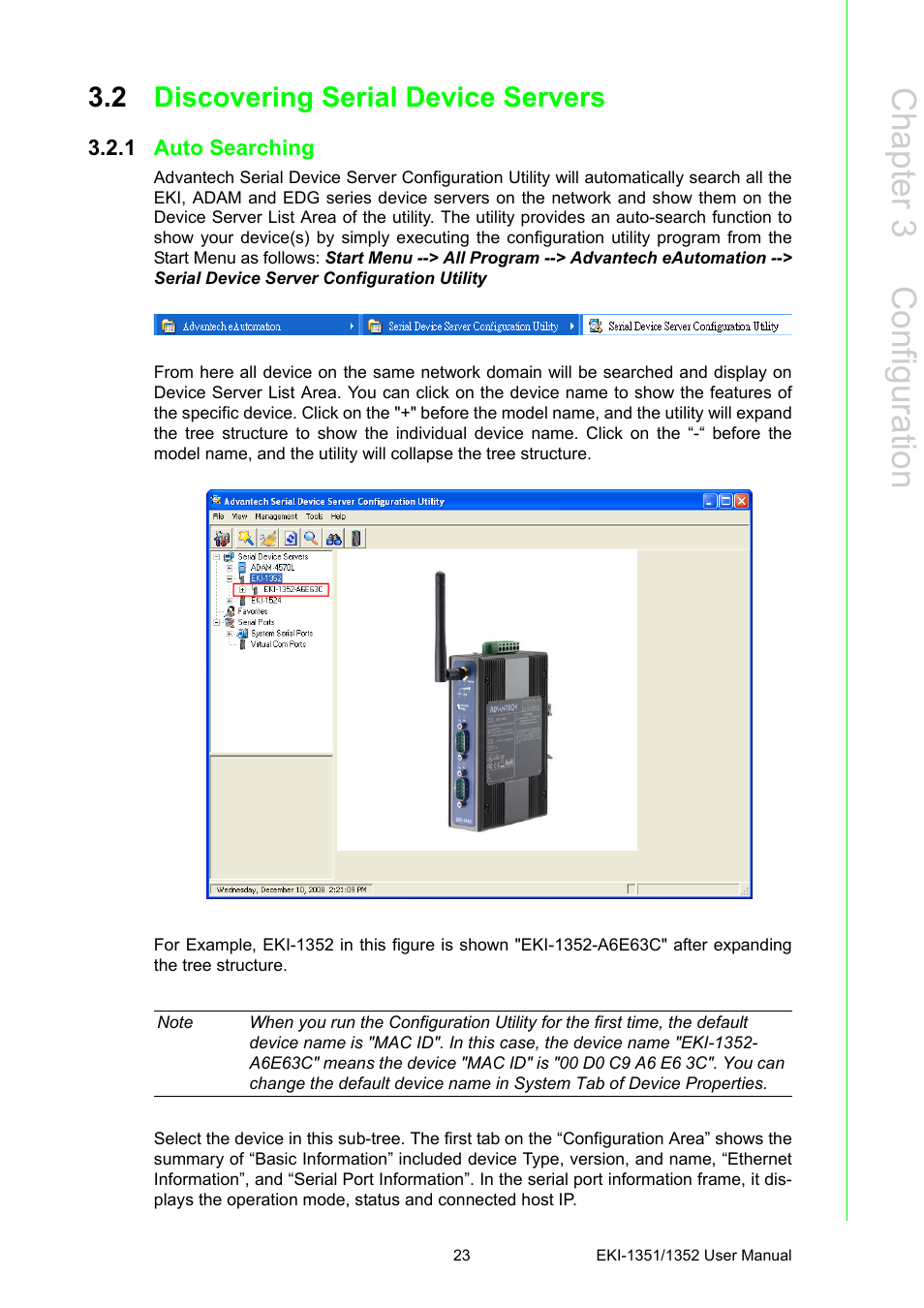 2 discovering serial device servers, 1 auto searching, Discovering serial device servers 3.2.1 | Auto searching, Chapter 3 c onfiguration | B&B Electronics EKI-1352 - Manual User Manual | Page 29 / 76
