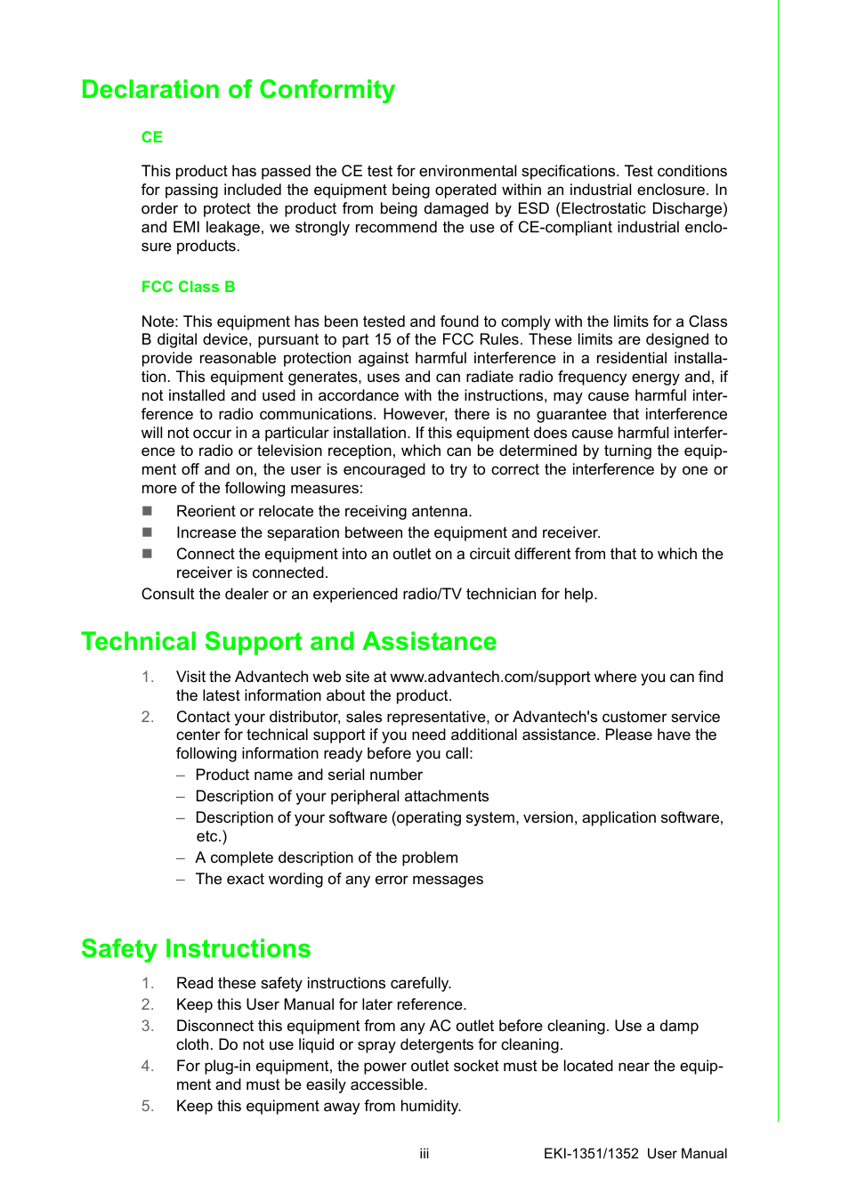 Declaration of conformity, Technical support and assistance, Safety instructions | B&B Electronics EKI-1352 - Manual User Manual | Page 3 / 76