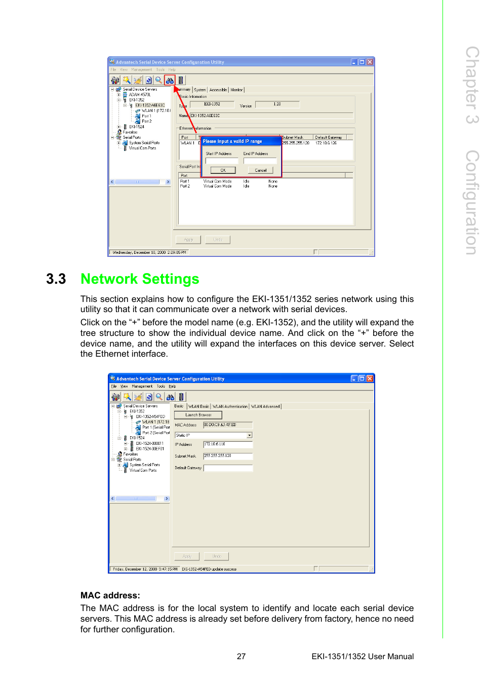 3 network settings, Network settings, Chapter 3 c onfiguration | B&B Electronics EKI-1352 - Manual User Manual | Page 33 / 76