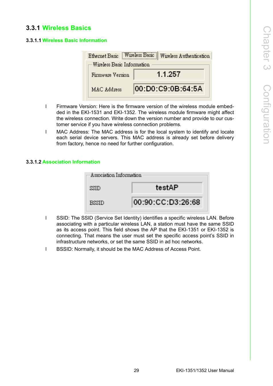 1 wireless basics, 1 wireless basic information, 2 association information | Wireless basics, Chapter 3 c onfiguration | B&B Electronics EKI-1352 - Manual User Manual | Page 35 / 76