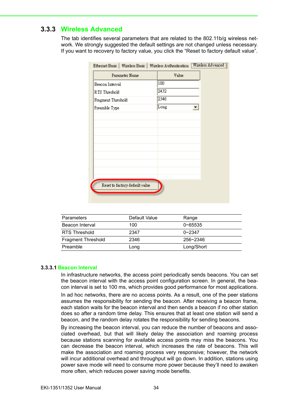 3 wireless advanced, 1 beacon interval, Wireless advanced | B&B Electronics EKI-1352 - Manual User Manual | Page 40 / 76