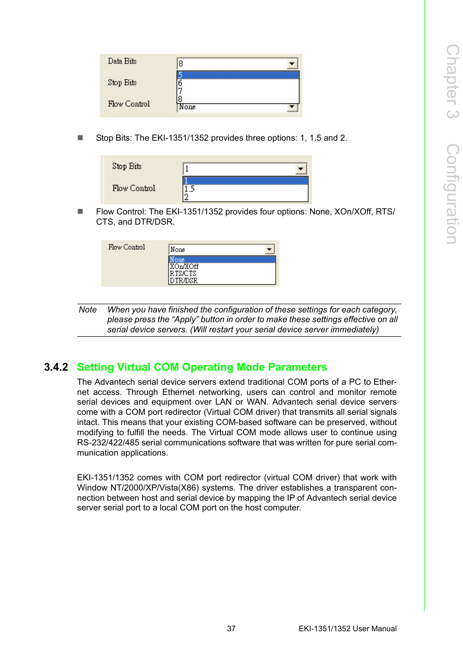 2 setting virtual com operating mode parameters, Setting virtual com operating mode parameters, Chapter 3 c onfiguration | B&B Electronics EKI-1352 - Manual User Manual | Page 43 / 76