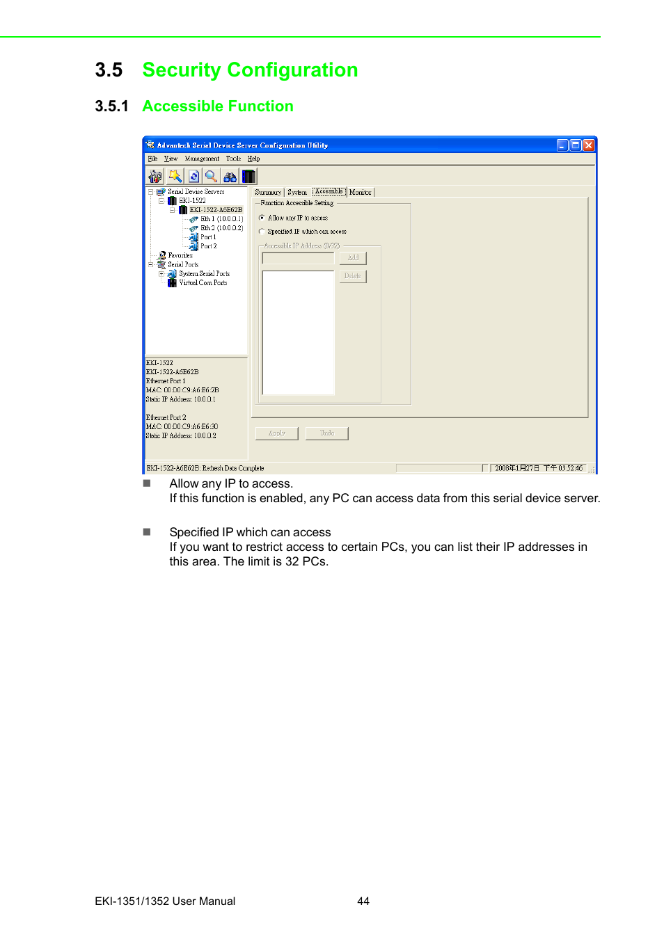 5 security configuration, 1 accessible function, Security configuration 3.5.1 | Accessible function | B&B Electronics EKI-1352 - Manual User Manual | Page 50 / 76