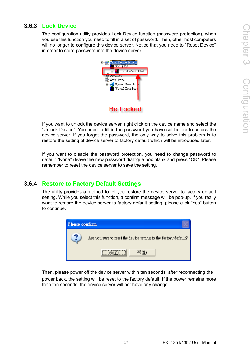 3 lock device, 4 restore to factory default settings, Lock device | Restore to factory default settings, Chapter 3 c onfiguration | B&B Electronics EKI-1352 - Manual User Manual | Page 53 / 76