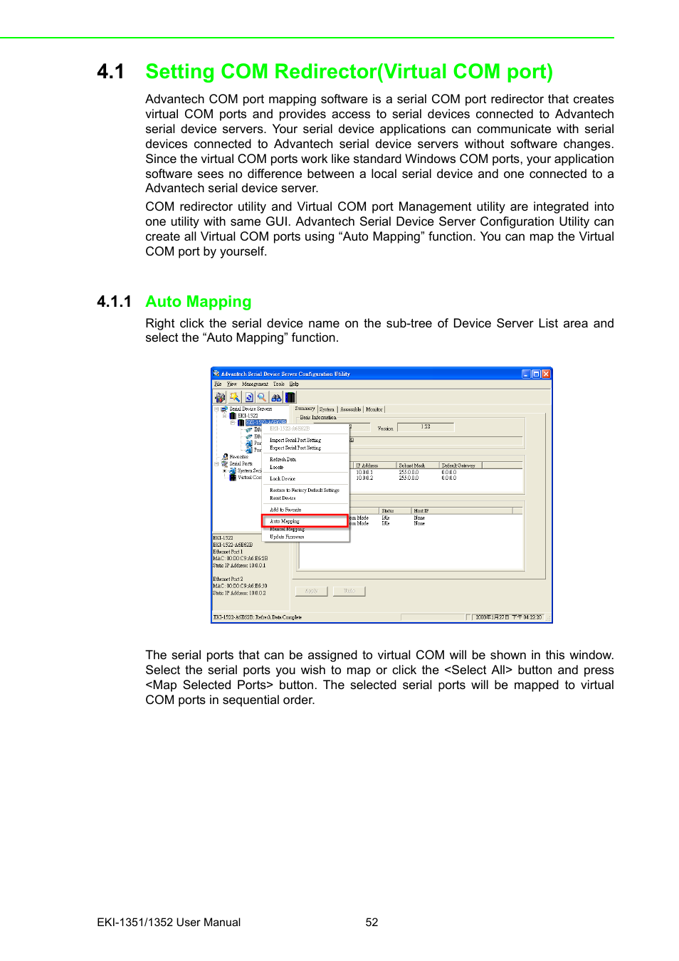 1 setting com redirector(virtual com port), 1 auto mapping, Setting com redirector(virtual com port) 4.1.1 | Auto mapping | B&B Electronics EKI-1352 - Manual User Manual | Page 58 / 76