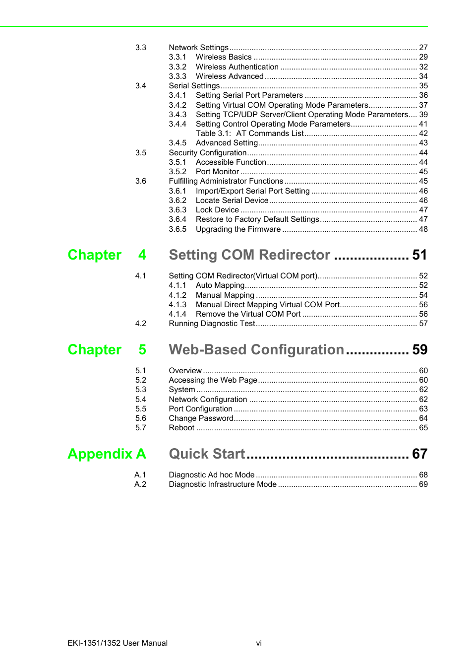 Chapter 4 setting com redirector, Chapter 5 web-based configuration, Appendix a quick start | B&B Electronics EKI-1352 - Manual User Manual | Page 6 / 76