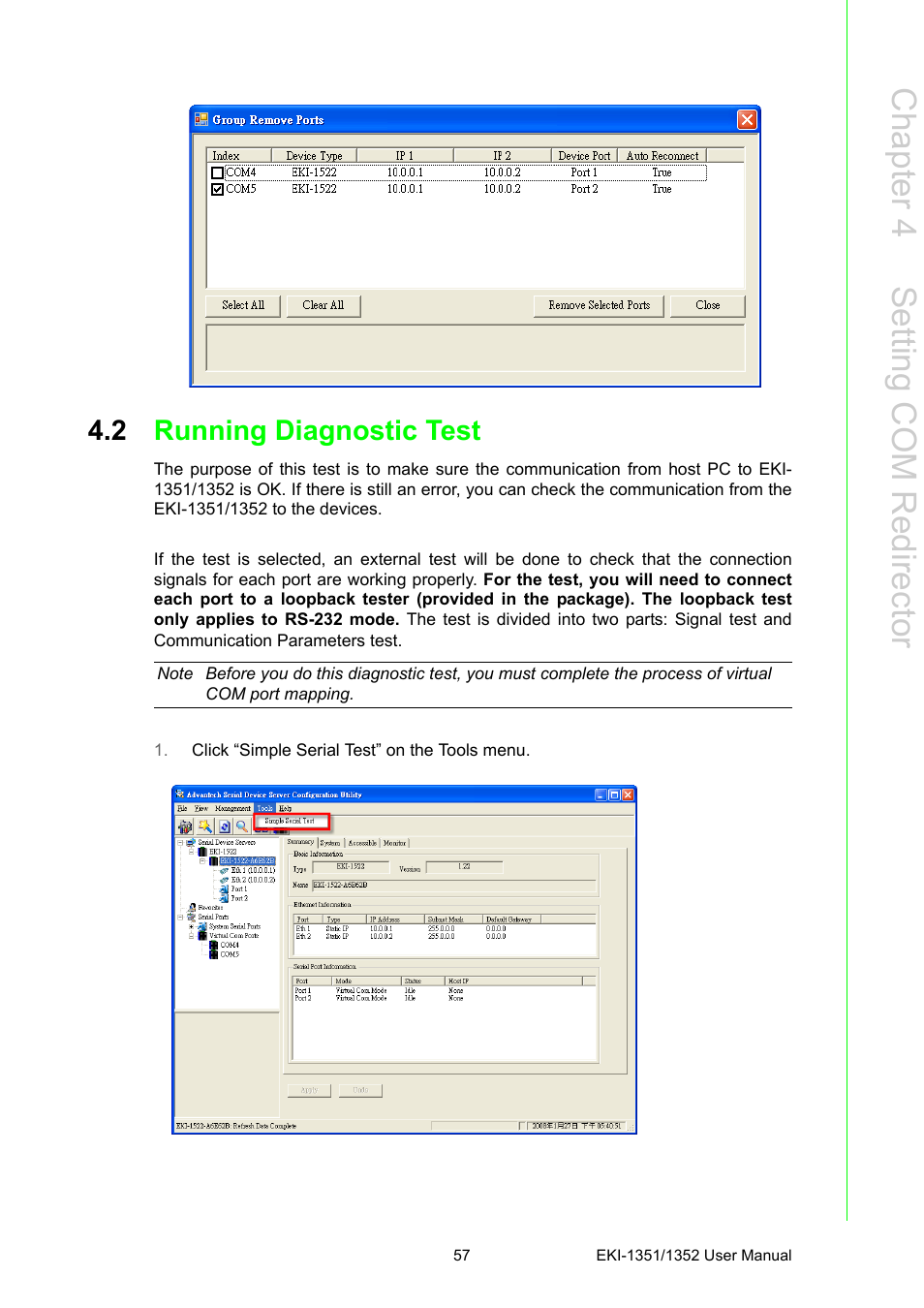 2 running diagnostic test, Running diagnostic test, Chapter 4 s etting com r edirector | B&B Electronics EKI-1352 - Manual User Manual | Page 63 / 76