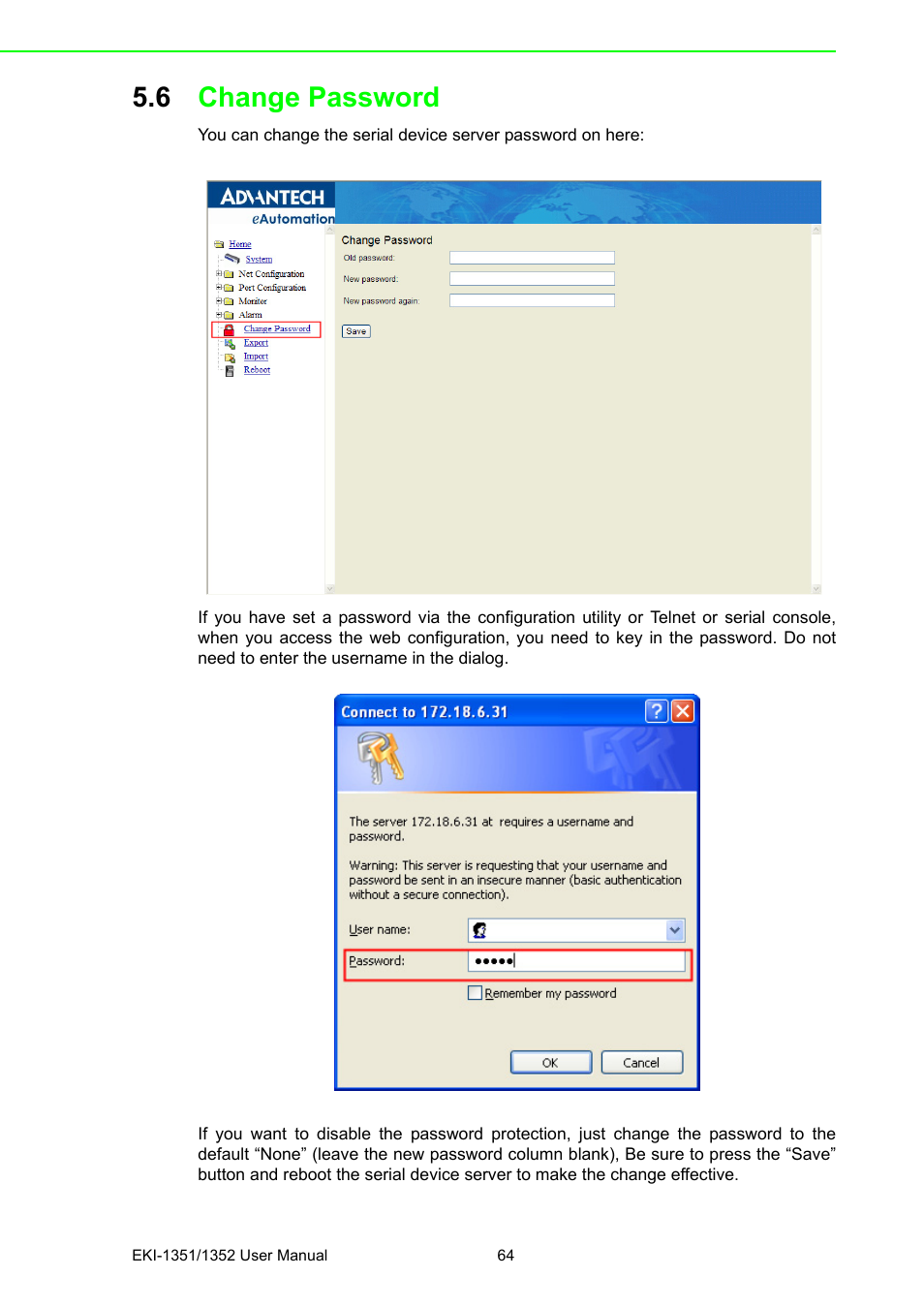 6 change password, Change password | B&B Electronics EKI-1352 - Manual User Manual | Page 70 / 76