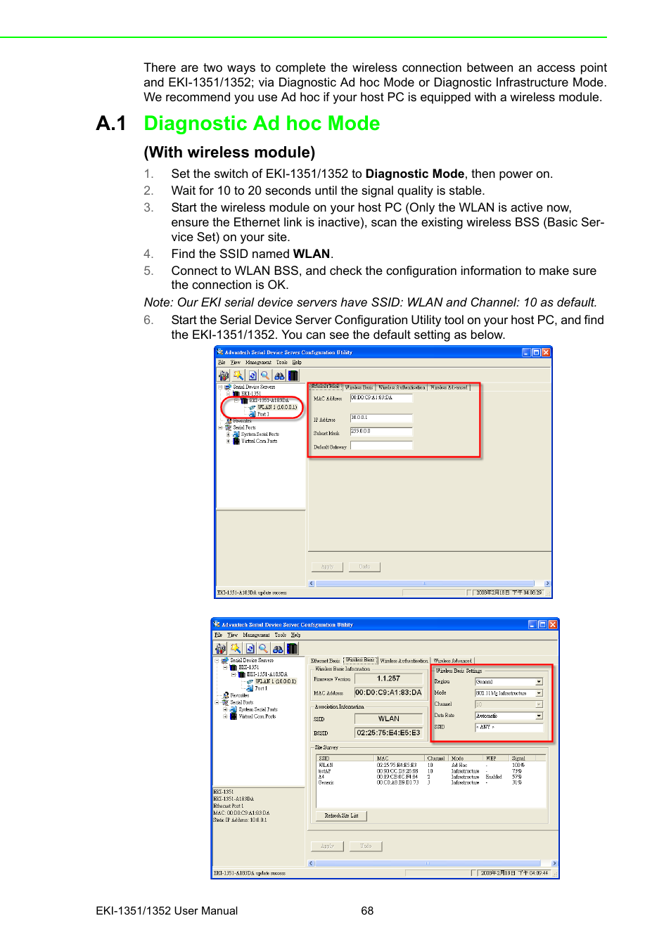 A.1 diagnostic ad hoc mode, Diagnostic ad hoc mode, With wireless module) | B&B Electronics EKI-1352 - Manual User Manual | Page 74 / 76