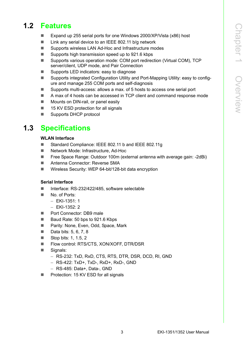 2 features, 3 specifications, Features | Specifications, Chapter 1 o verview | B&B Electronics EKI-1352 - Manual User Manual | Page 9 / 76