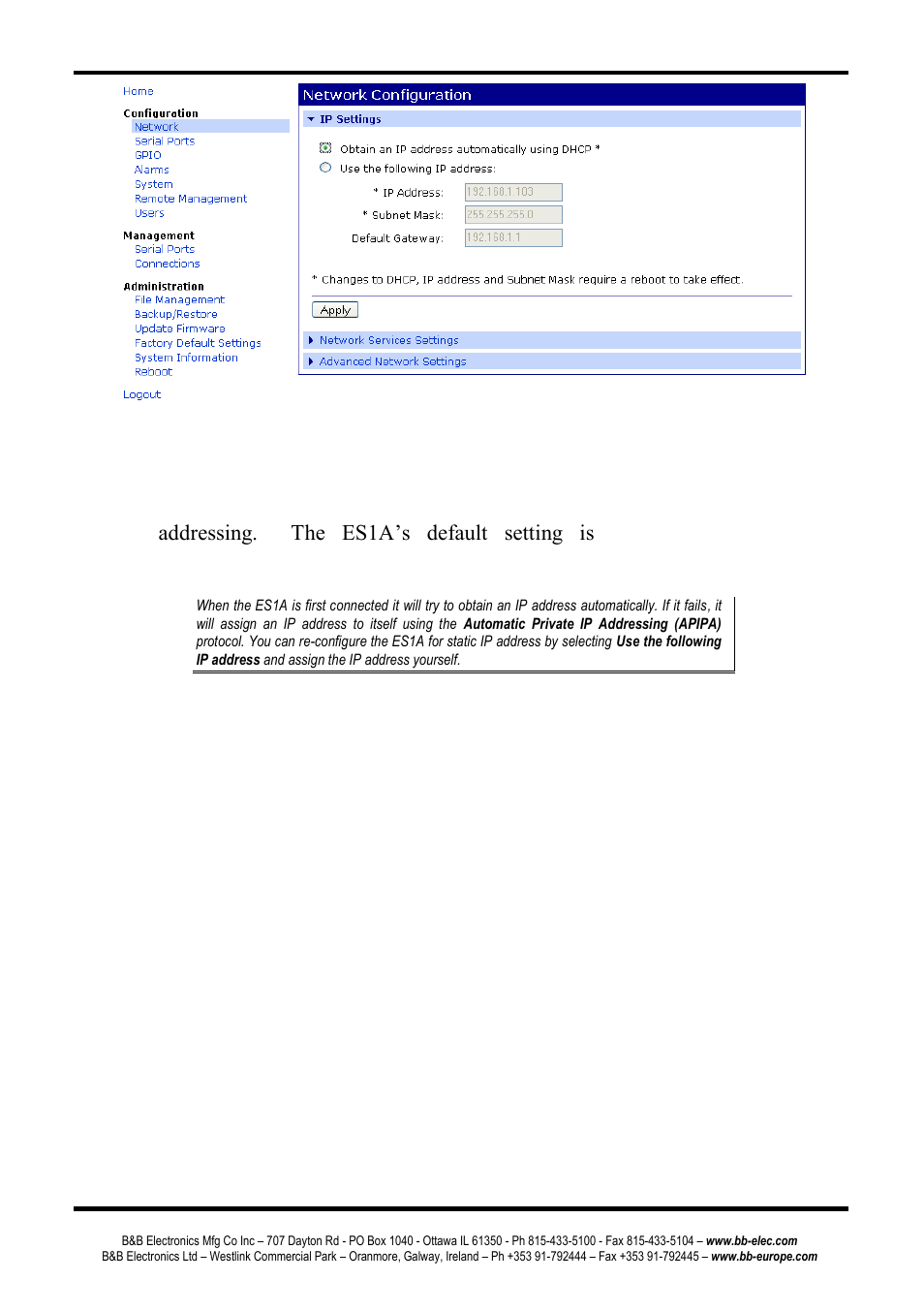 Ip settings, Network services settings, Advanced network settings | B&B Electronics ES1AE - Manual User Manual | Page 22 / 46