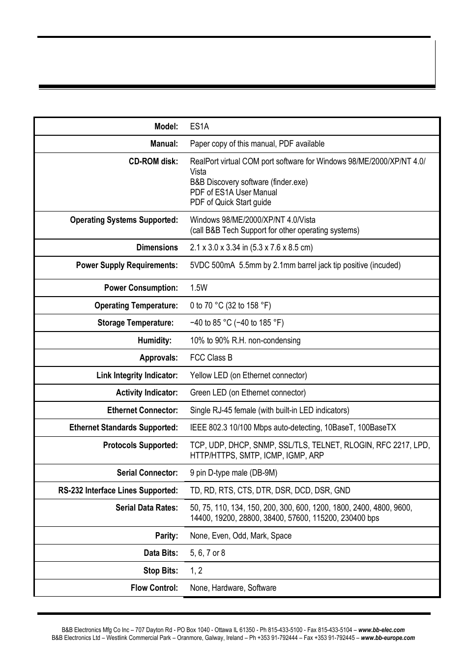 Appendix b: product specifications | B&B Electronics ES1AE - Manual User Manual | Page 42 / 46
