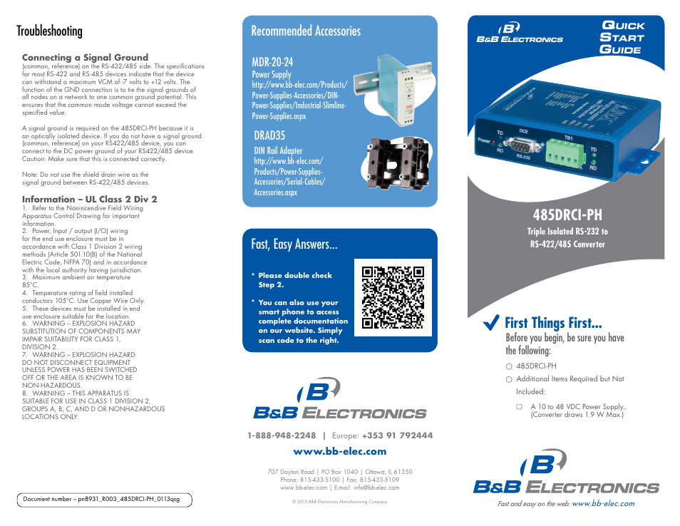 485drci-ph, First things first, Troubleshooting fast, easy answers | Recommended accessories, Drad35, Mdr-20-24, Before you begin, be sure you have the following | B&B Electronics 485DRCI-PH - Quick Start Guide User Manual | Page 2 / 2