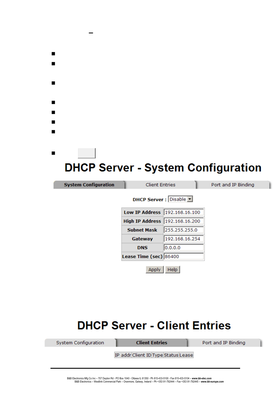 Dhcp server, System configuration, Dhcp client entries | Dhcp server – system configuration | B&B Electronics EIR608-4SFP - Manual User Manual | Page 56 / 105