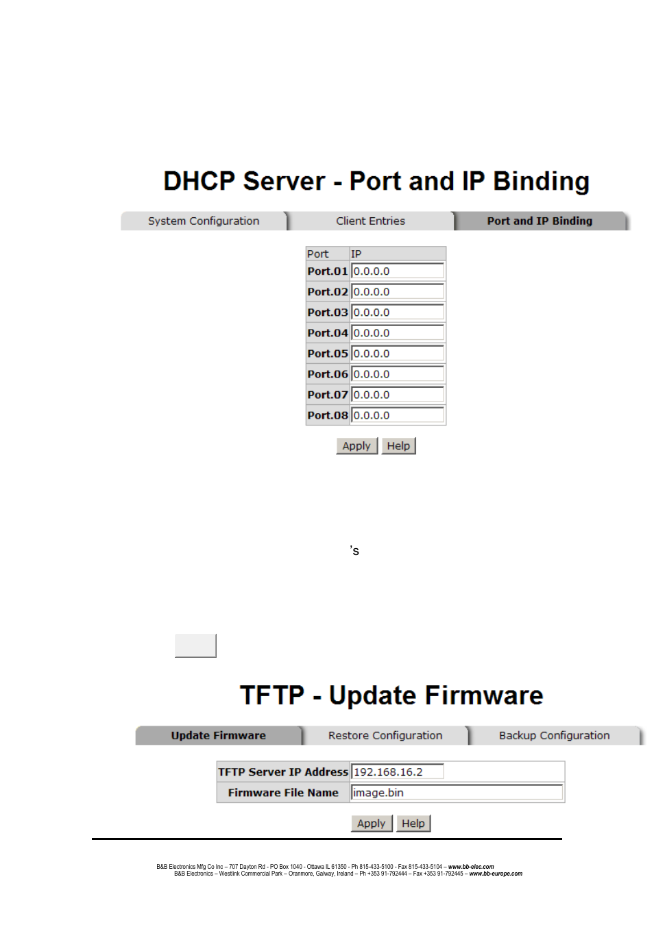 Dhcp server - port and ip bindings, Tftp - update firmware | B&B Electronics EIR608-4SFP - Manual User Manual | Page 57 / 105