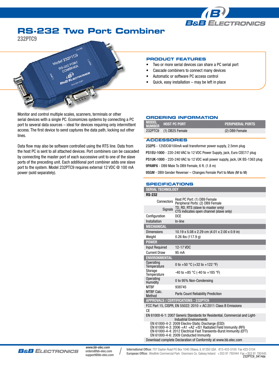 B&B Electronics 232PTC9 - Datasheet User Manual | 1 page