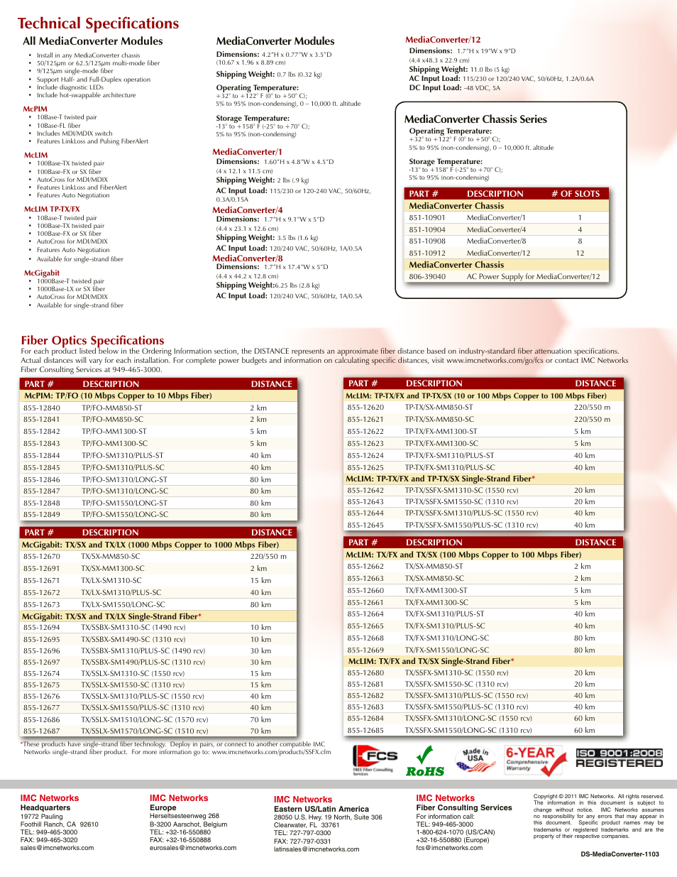Technical specifications, Fiber optics specifications, All mediaconverter modules | Mediaconverter modules, Mediaconverter chassis series | B&B Electronics 851-12724 - Datasheet User Manual | Page 2 / 2