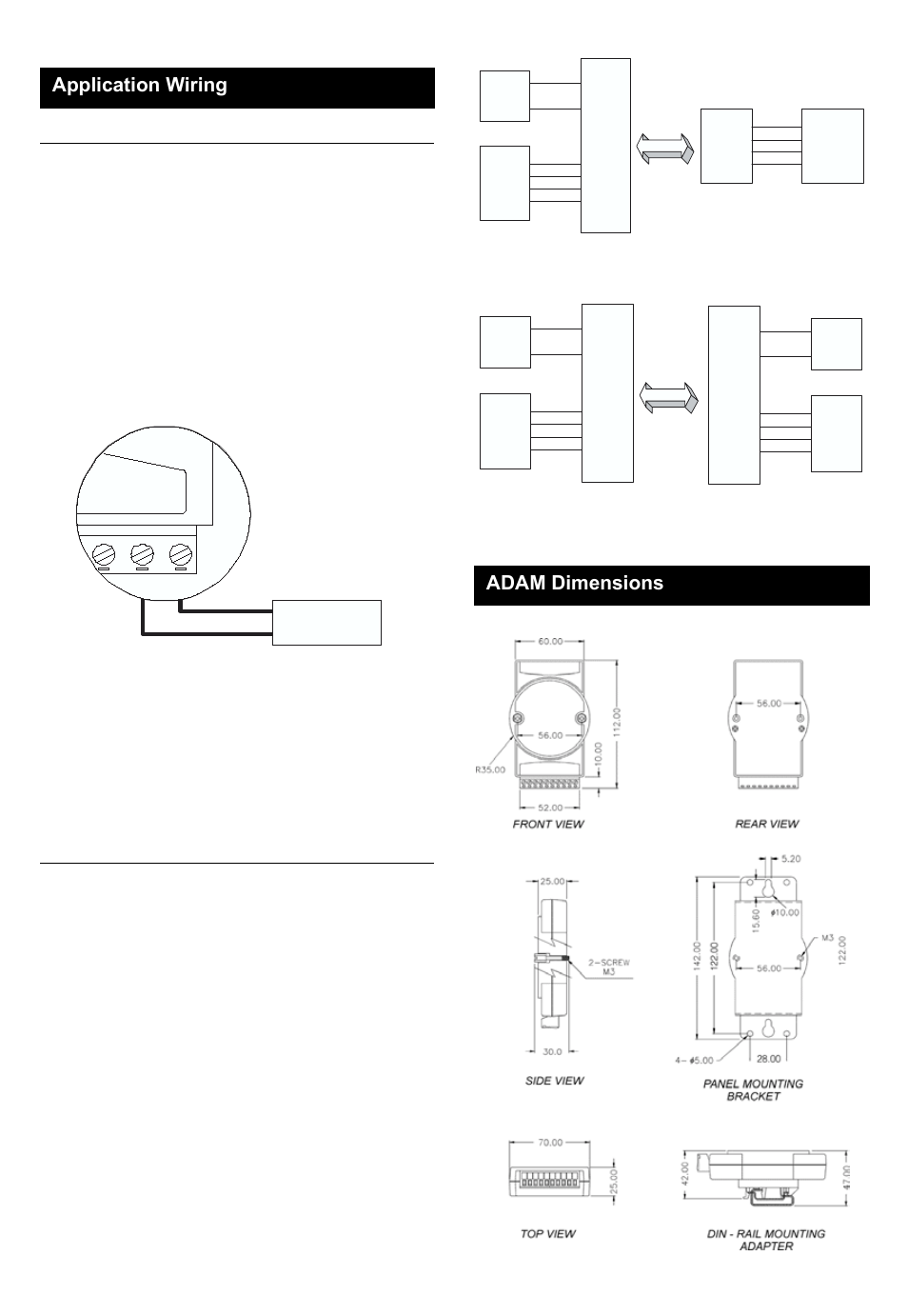 Application wiring, Adam dimensions, Communication wiring | Power supply +10~30 v | B&B Electronics ADAM-4520 - Manual User Manual | Page 4 / 6