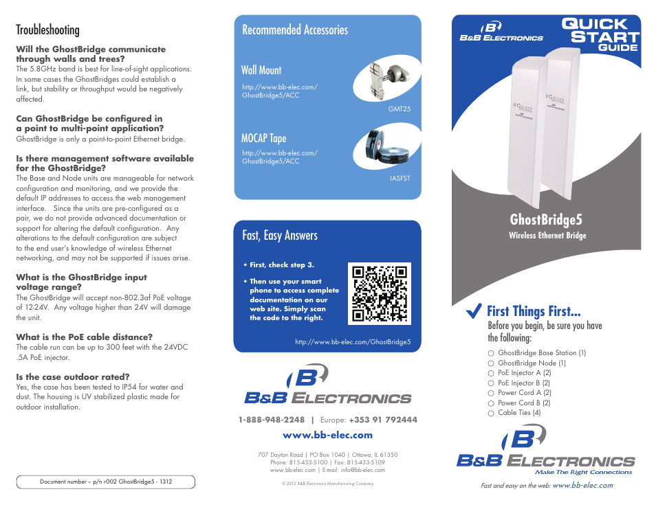 First things first, Ghostbridge5, Troubleshooting | Recommended accessories, Fast, easy answers, Mocap tape wall mount, Before you begin, be sure you have the following | B&B Electronics GHOSTBRIDGE5 - Quick Start Guide User Manual | Page 2 / 2