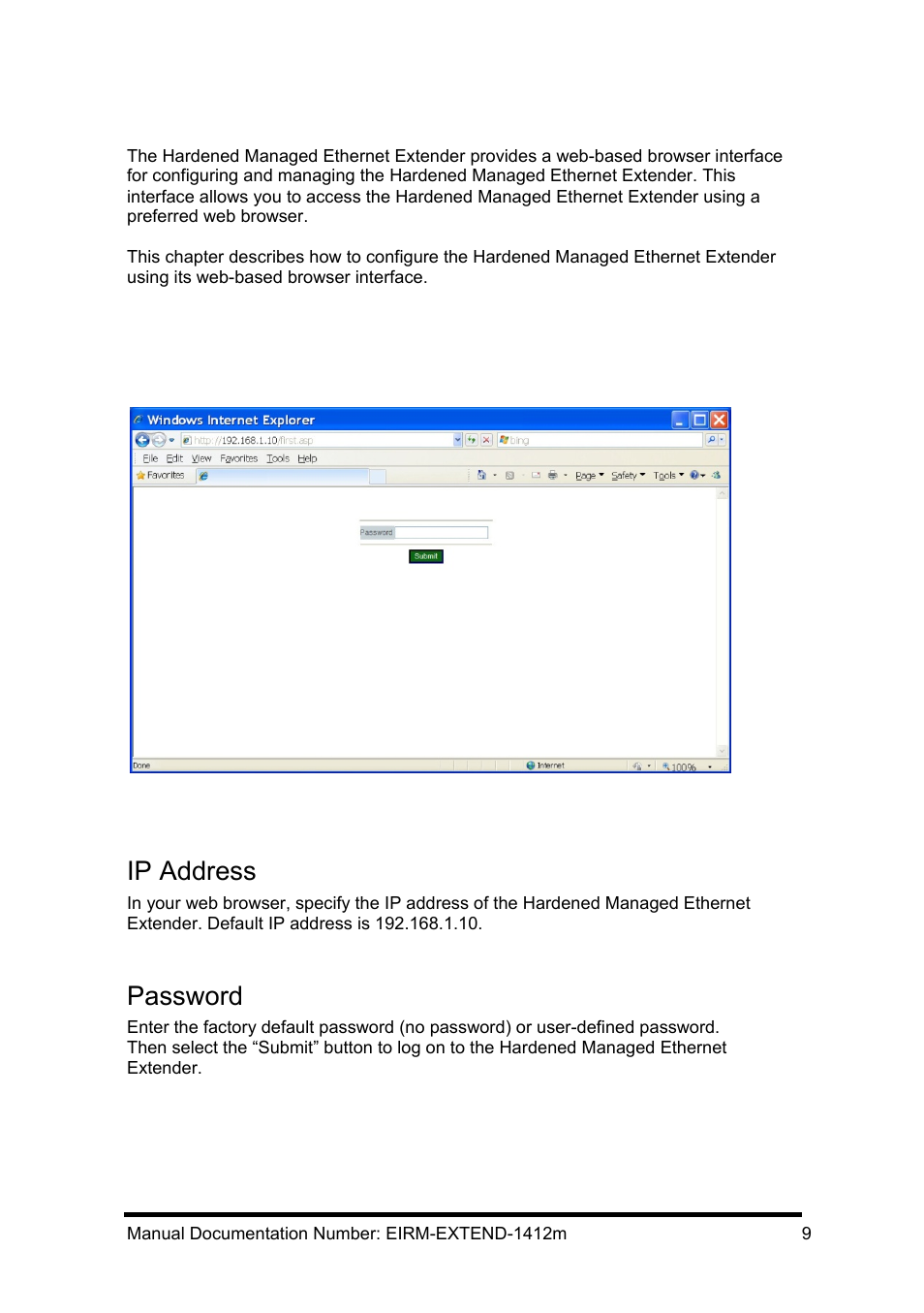 Chapter 2 – web-based browser management, Ip address, Password | Ogging in to, Ardened, Anaged, Thernet, Xtender | B&B Electronics EIRM-EXTEND - Manual User Manual | Page 15 / 46