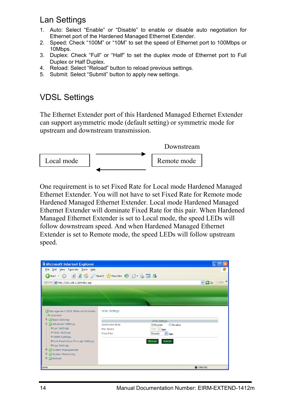 Lan settings, Vdsl settings | B&B Electronics EIRM-EXTEND - Manual User Manual | Page 20 / 46