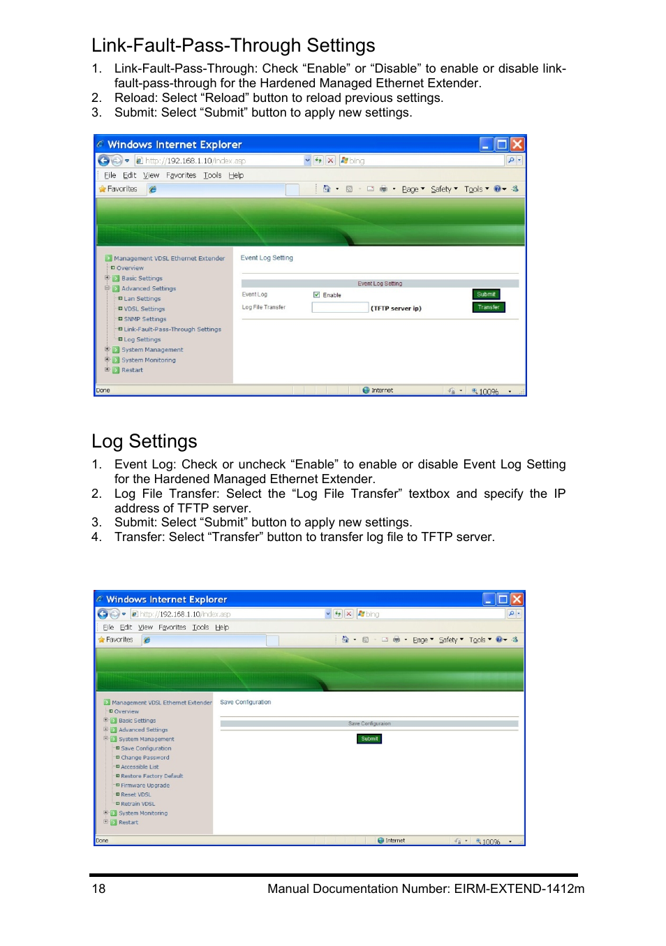 Link-fault-pass-through settings, Log settings, System management | Ystem, Anagement | B&B Electronics EIRM-EXTEND - Manual User Manual | Page 24 / 46