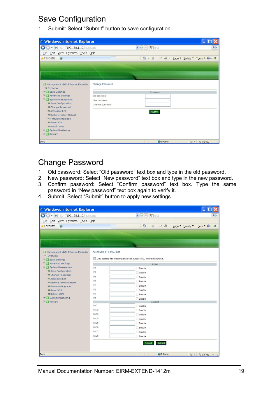 Save configuration, Change password | B&B Electronics EIRM-EXTEND - Manual User Manual | Page 25 / 46