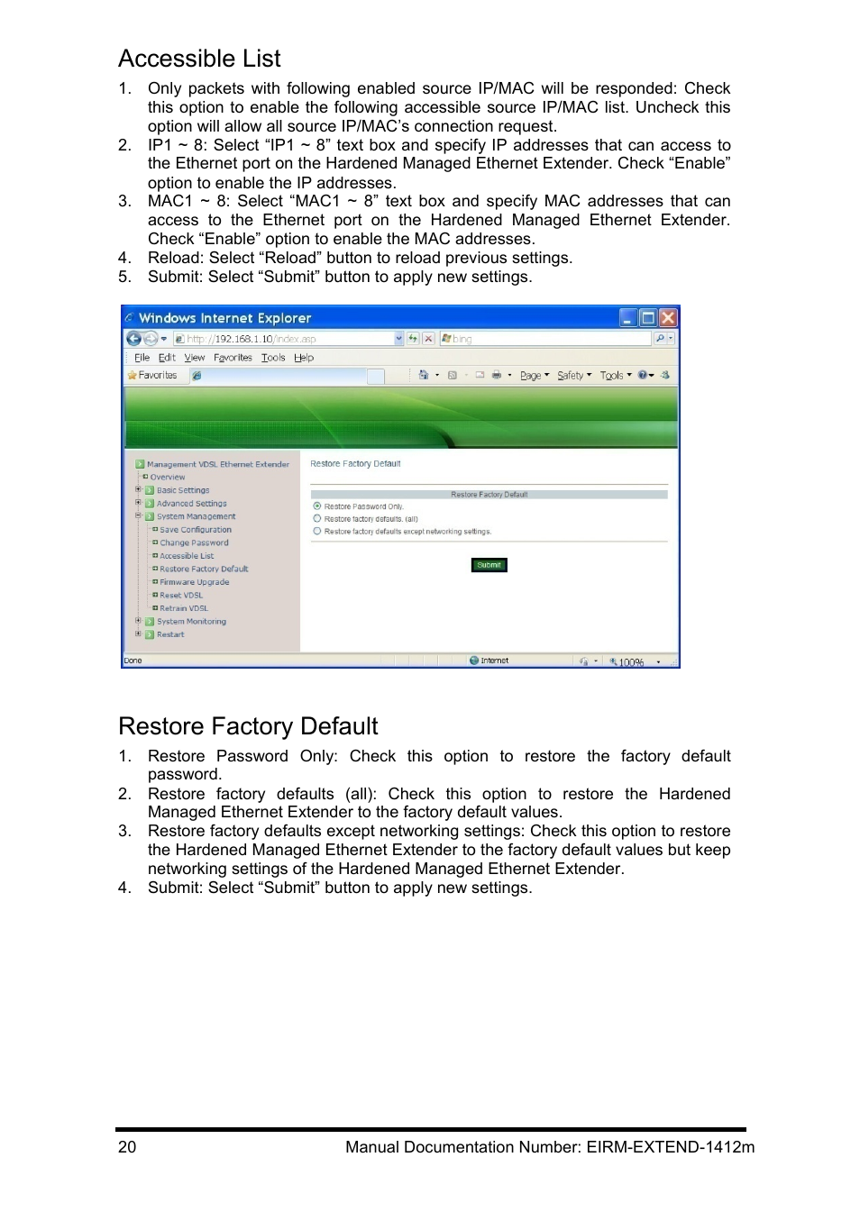 Accessible list, Restore factory default | B&B Electronics EIRM-EXTEND - Manual User Manual | Page 26 / 46