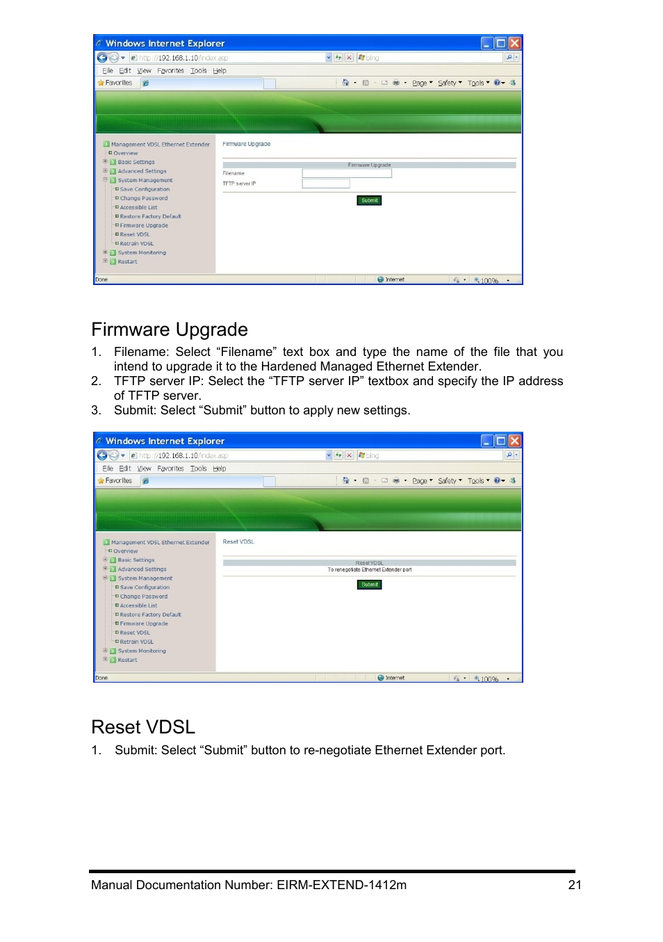 Firmware upgrade, Reset vdsl | B&B Electronics EIRM-EXTEND - Manual User Manual | Page 27 / 46
