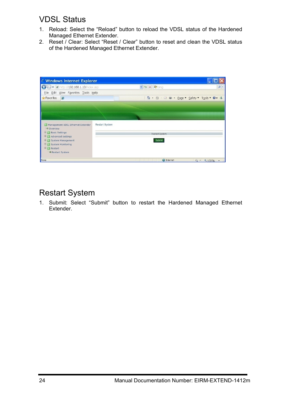 Vdsl status, Restart, Restart system | Estart | B&B Electronics EIRM-EXTEND - Manual User Manual | Page 30 / 46