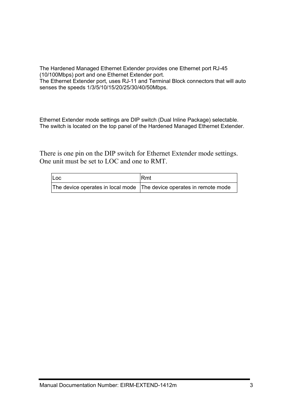 One-channel hardened managed ethernet extender, Ports, Ethernet extender mode settings | Dip switch, Orts, Thernet, Xtender, Ettings, Switch | B&B Electronics EIRM-EXTEND - Manual User Manual | Page 9 / 46