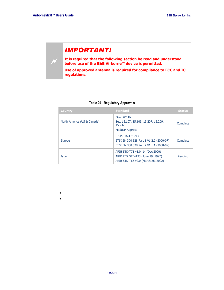 Certification & regulatory approvals, Fcc statement, Table 29 - regulatory approvals | Important, 0 certification & regulatory approvals | B&B Electronics APXN-Q5428 - User Manual User Manual | Page 101 / 105